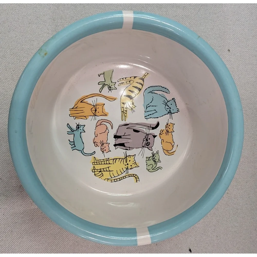 Signature Housewares Cat Town Pet Bowl Small Blue White Stoneware Good 76660